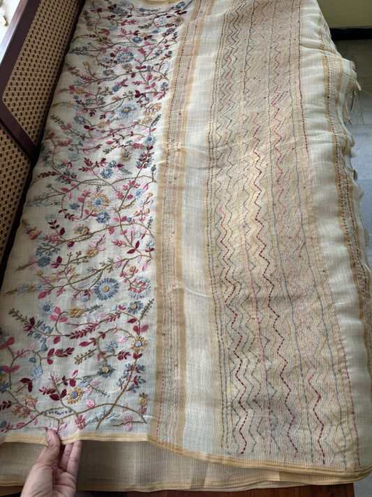 Premium Tissue Linen Sarees - Beige & Pink