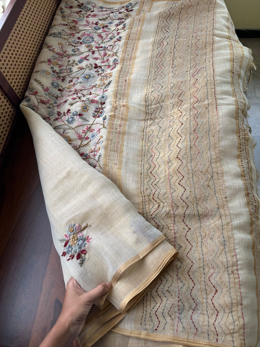 Premium Tissue Linen Sarees - Beige & Pink