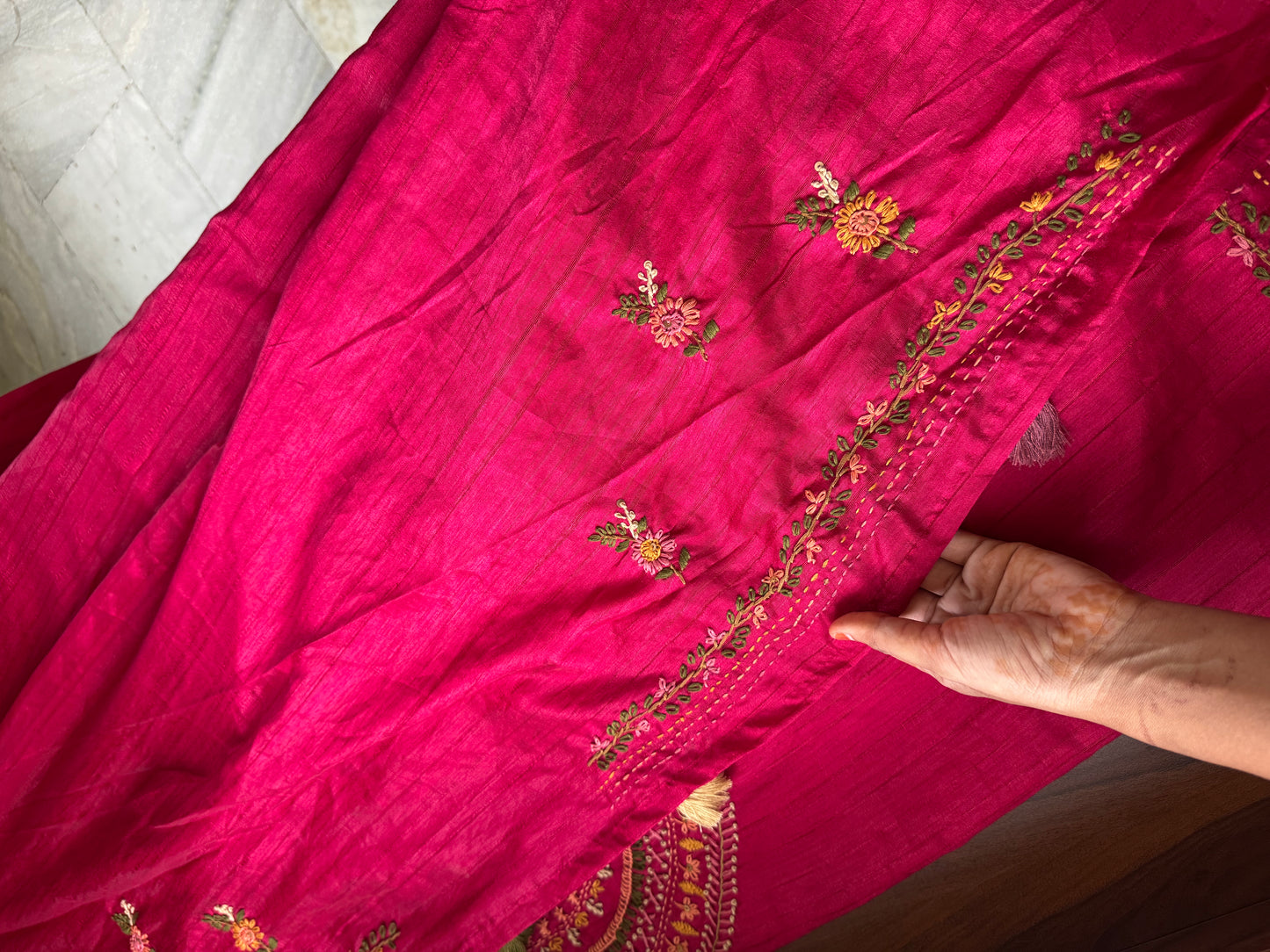 Premium Tussar Blend Saree with Handwork - Pink