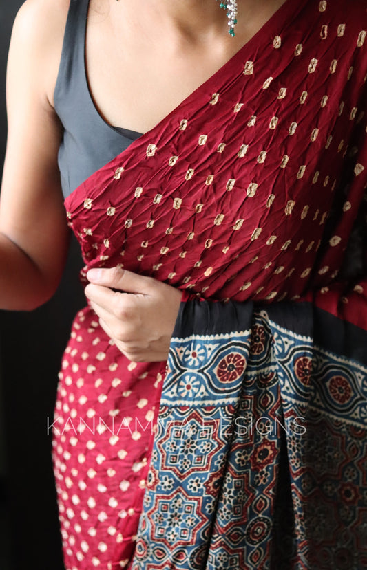 Ajrakh Bandhini Modal Silk Saree - Maroon (KS384)