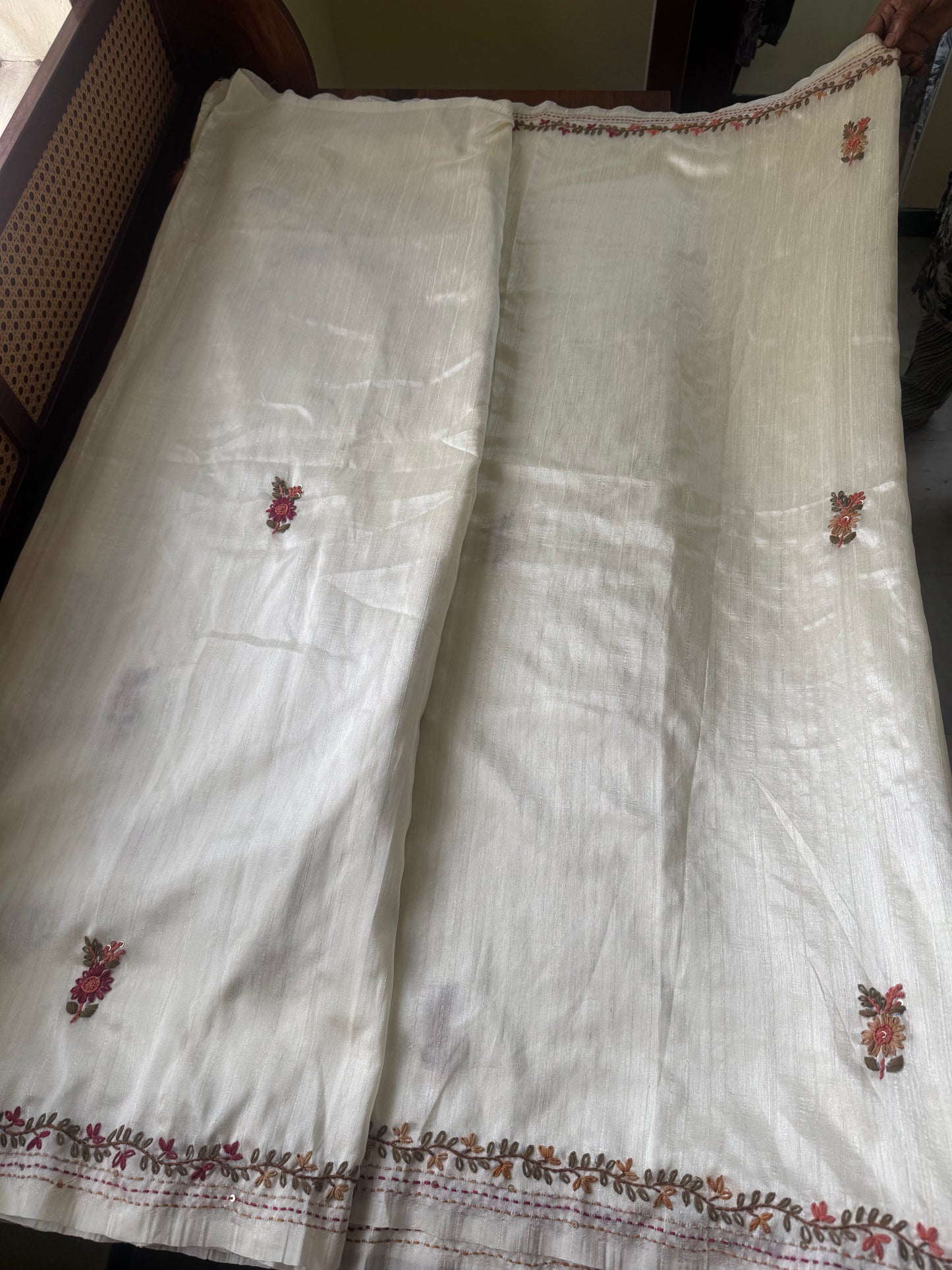 Premium Tussar Blend Saree with Handwork - Cream White