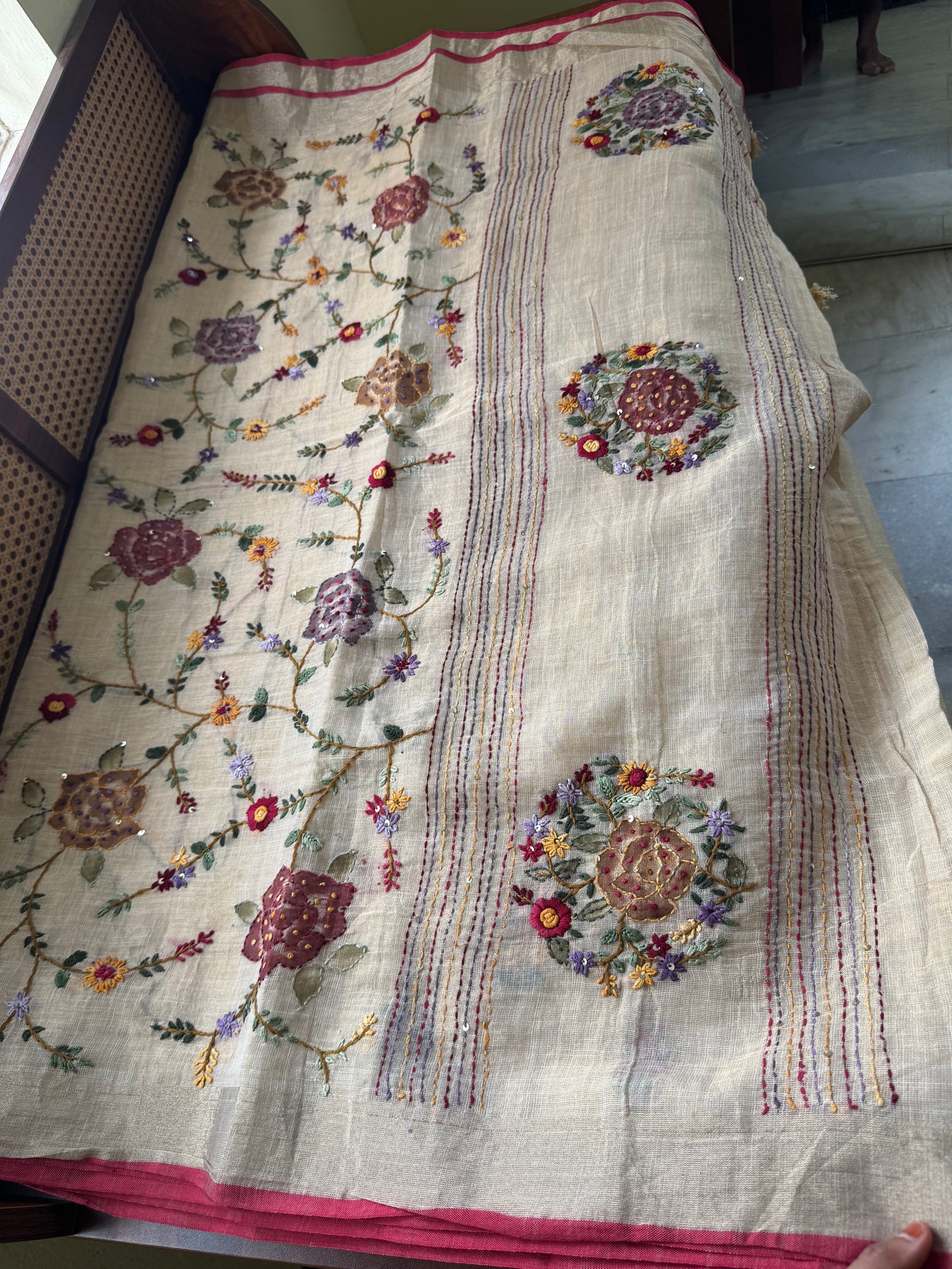 Premium Tissue Linen Sarees - Golden beige with multi color embroidery