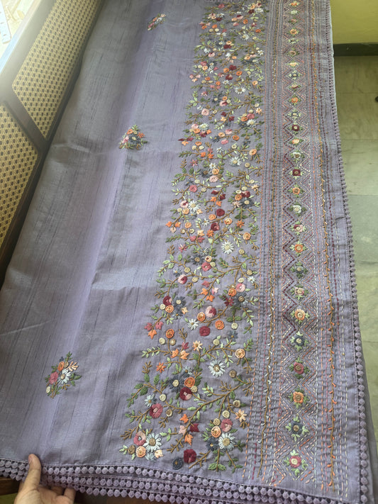 Hand Embroidered Tussar Blend Saree with heavy blouse  - Lavender
