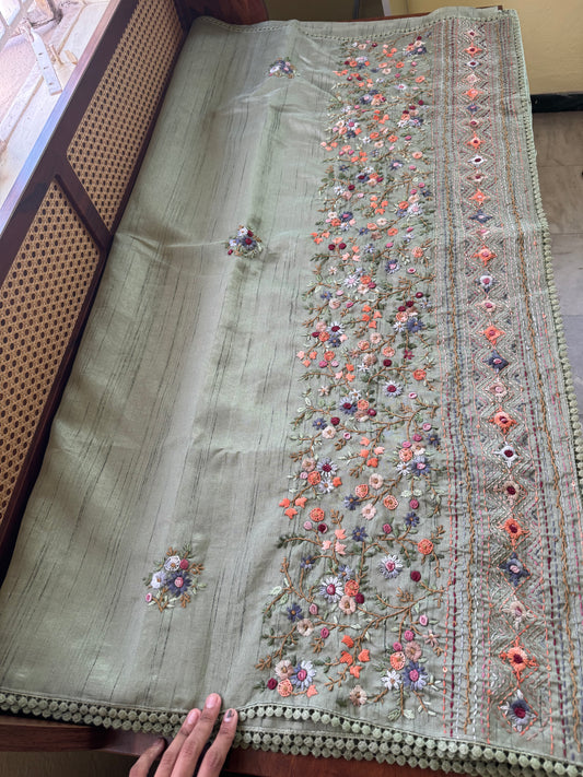 Hand Embroidered Tussar Blend Saree with heavy blouse  - Green