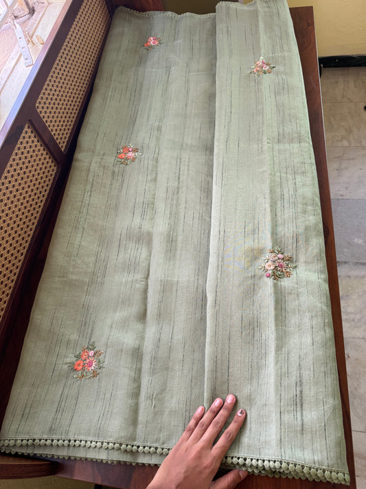 Hand Embroidered Tussar Blend Saree with heavy blouse  - Green