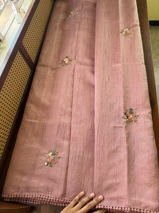 Hand Embroidered Tussar Blend Saree with heavy blouse  - Pink