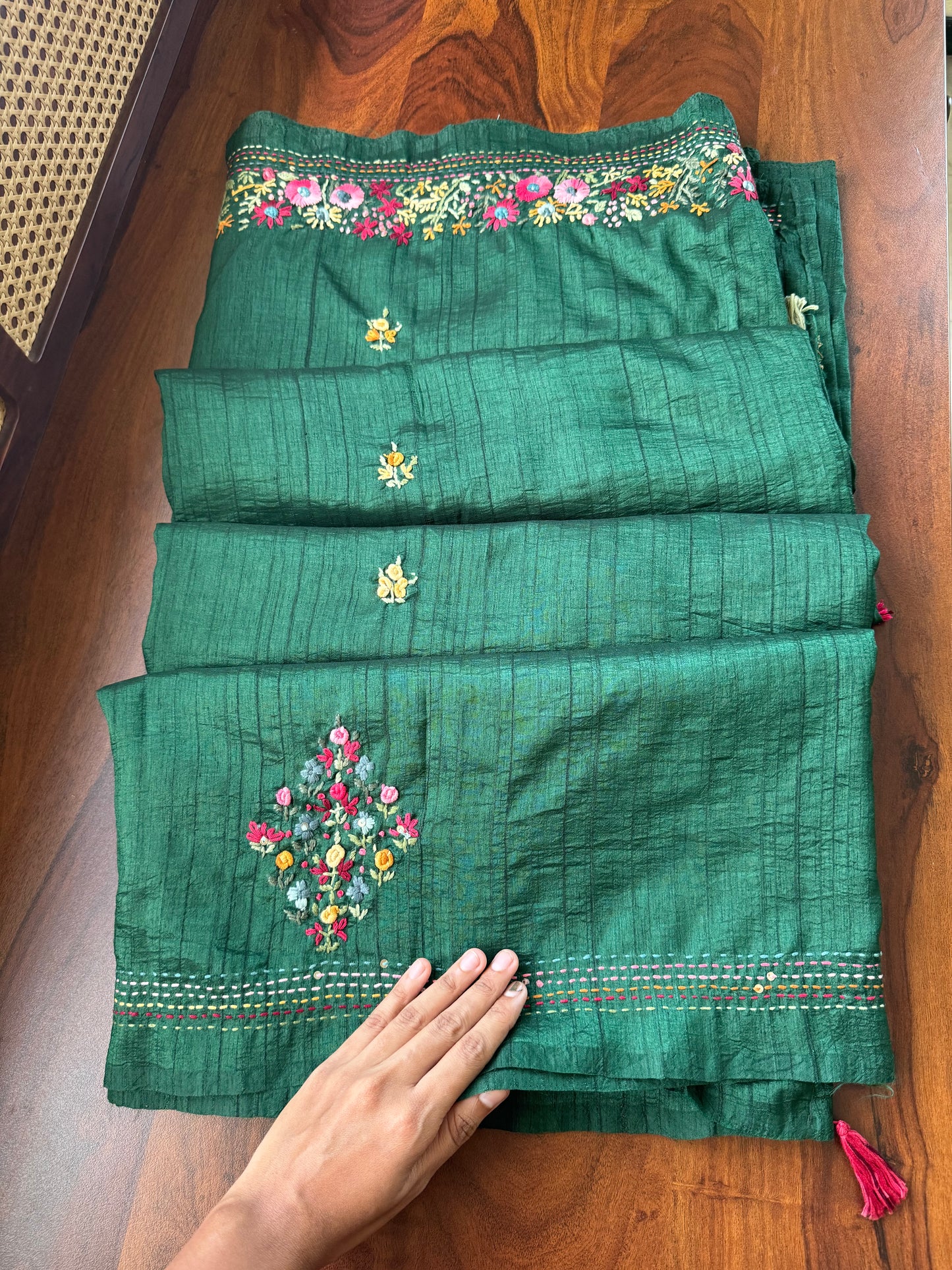 Premium Tussar Blend Saree with Handwork - Dark Green