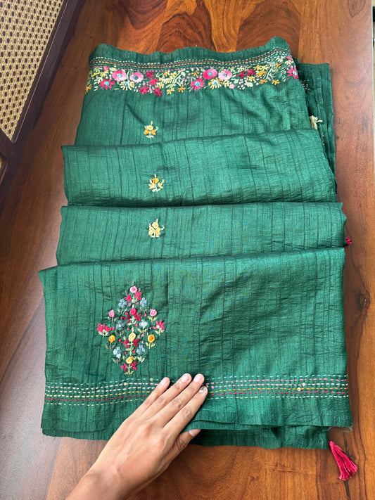 Premium Tussar Blend Saree with Handwork - Dark Green