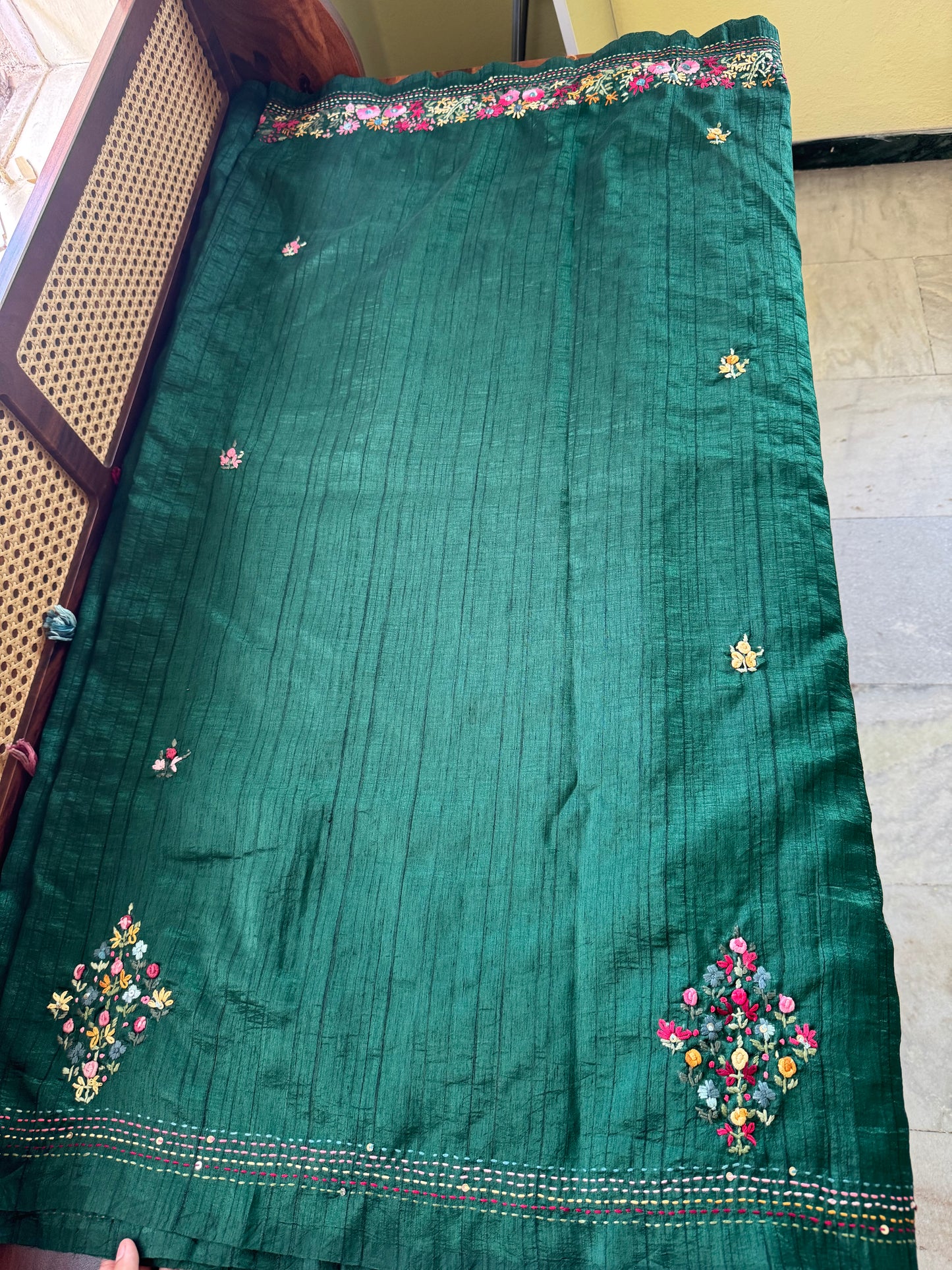 Premium Tussar Blend Saree with Handwork - Dark Green