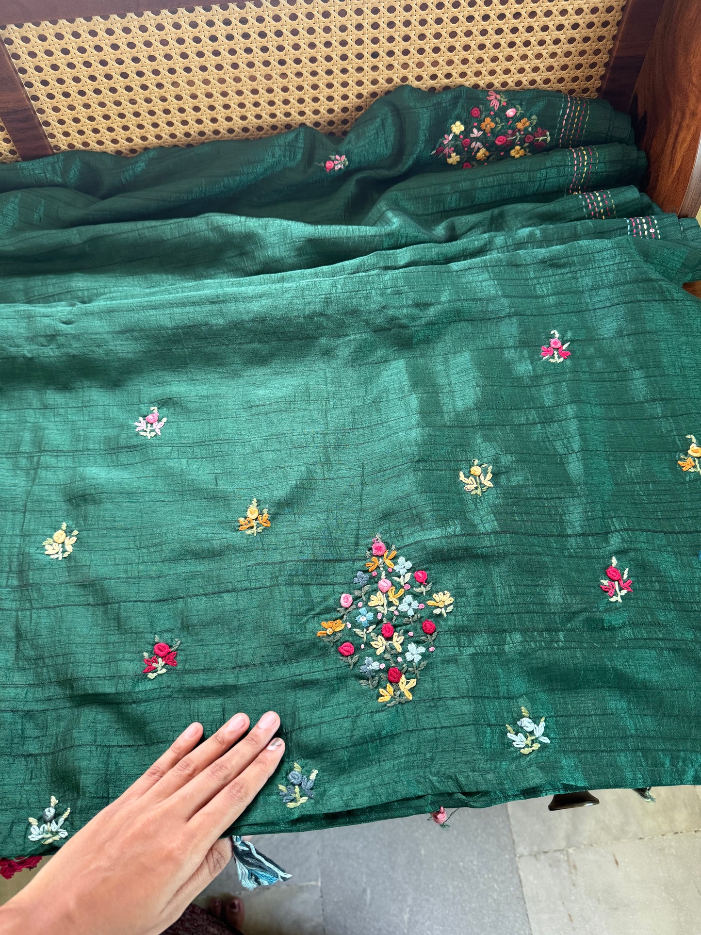 Premium Tussar Blend Saree with Handwork - Dark Green
