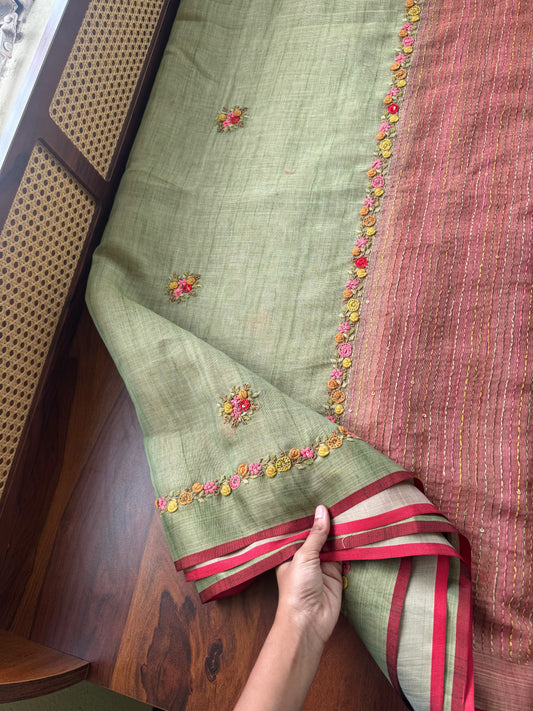 Premium Tissue Linen Sarees with borders - Green