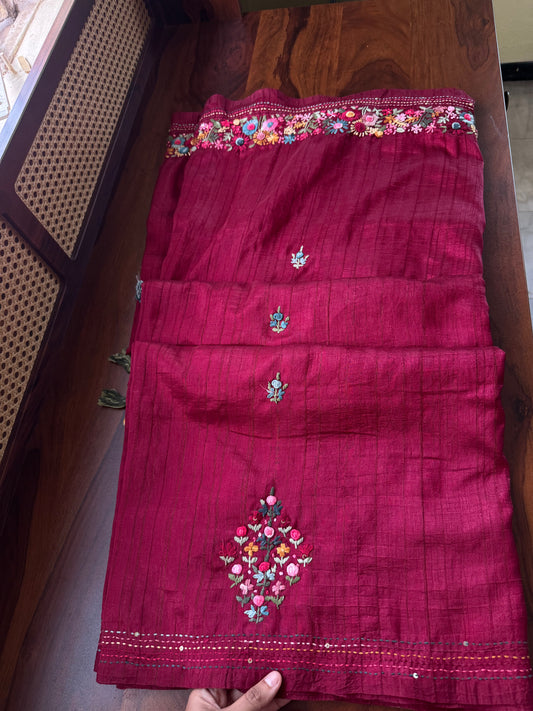 Premium Tussar Blend Saree with Handwork - Maroon