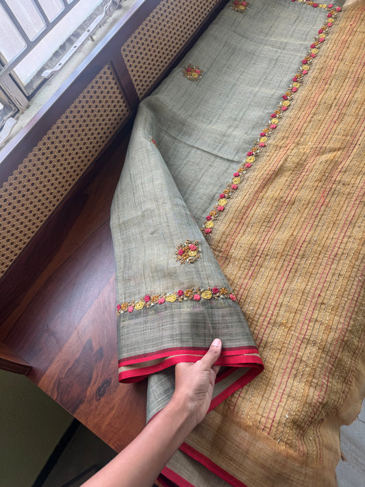 Premium Tissue Linen Sarees with borders - Sage Green