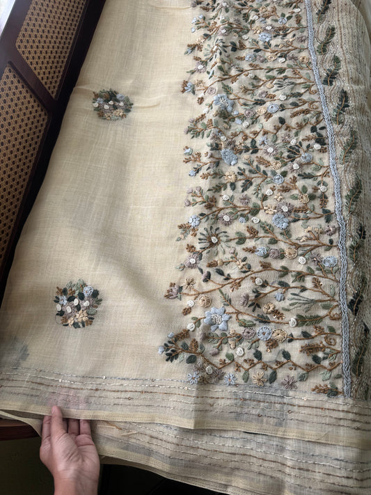 Premium Tissue Linen Sarees - Half White & Green