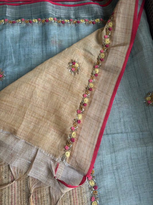 Premium Tissue Linen Sarees with borders - Sage Green