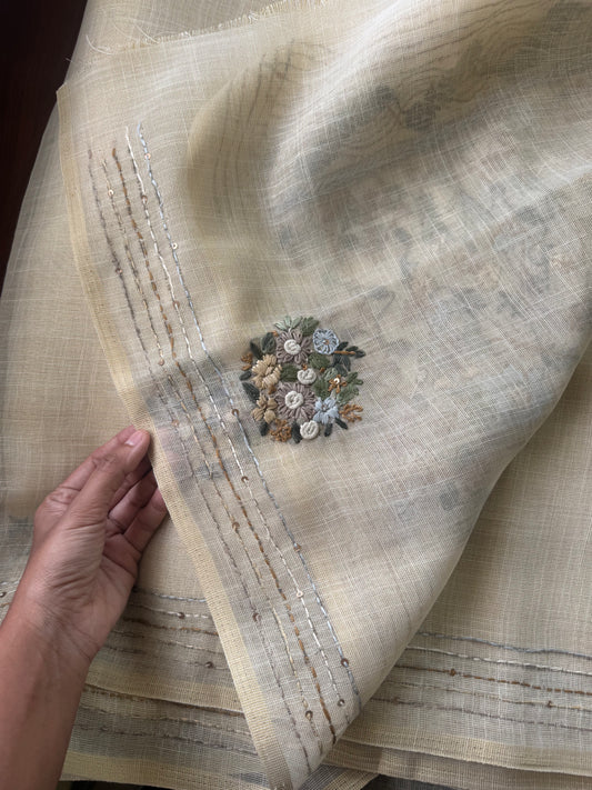 Premium Tissue Linen Sarees - Half White & Green