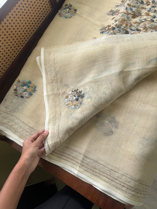 Premium Tissue Linen Sarees - Half White & Blue