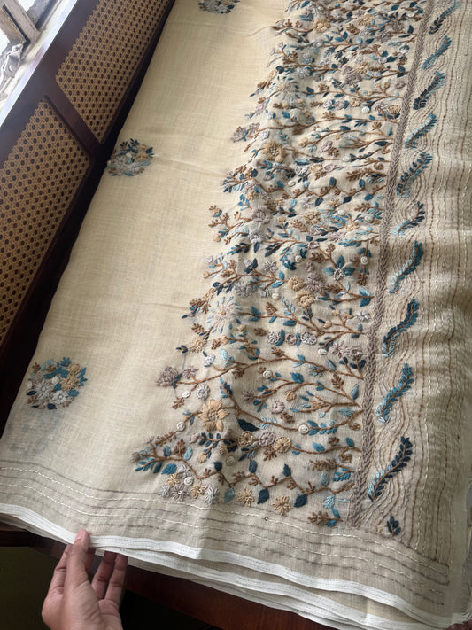 Premium Tissue Linen Sarees - Half White & Blue