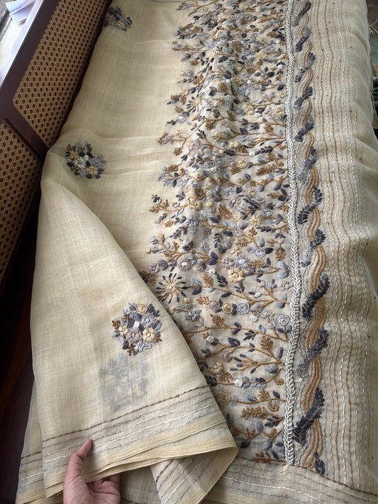 Premium Tissue Linen Sarees - Half White & Grey