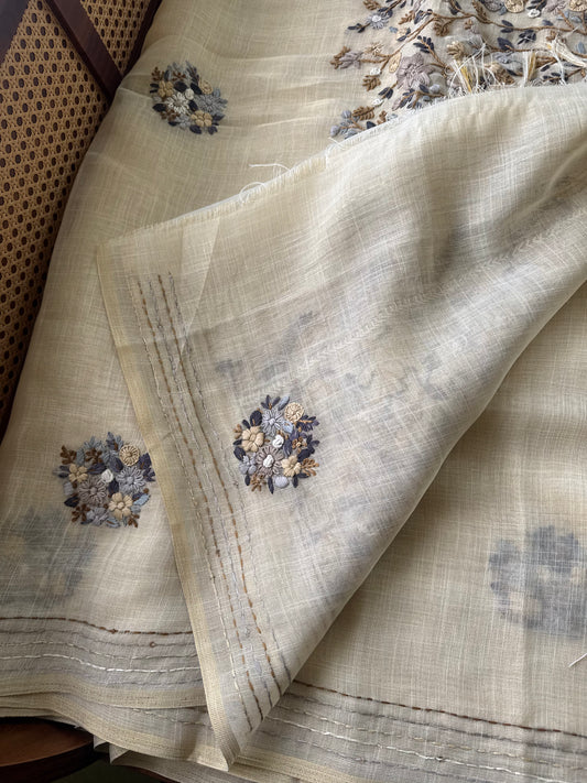 Premium Tissue Linen Sarees - Half White & Grey