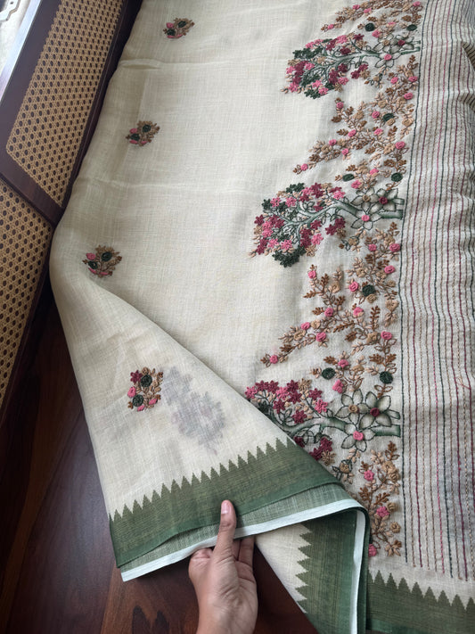 Premium Tissue Linen Sarees - Half White & Green