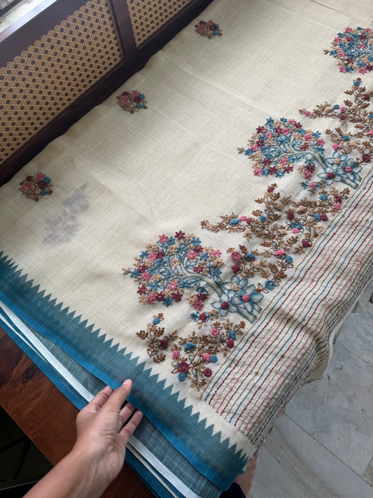 Premium Tissue Linen Sarees - Half White & Blue