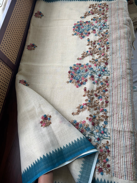Premium Tissue Linen Sarees - Half White & Blue