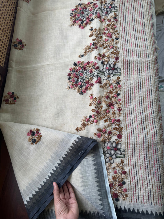 Premium Tissue Linen Sarees - Half White & Black
