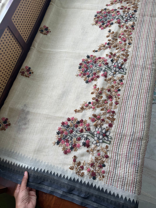Premium Tissue Linen Sarees - Half White & Black