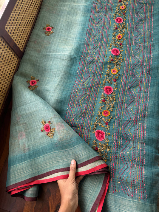 Premium Tissue Linen Sarees with heavy blouse - Blue