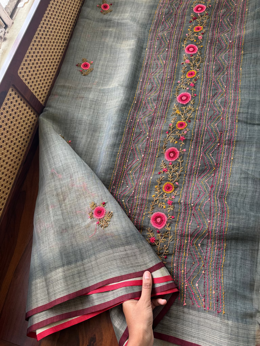 Premium Tissue Linen Sarees with heavy blouse - Grey