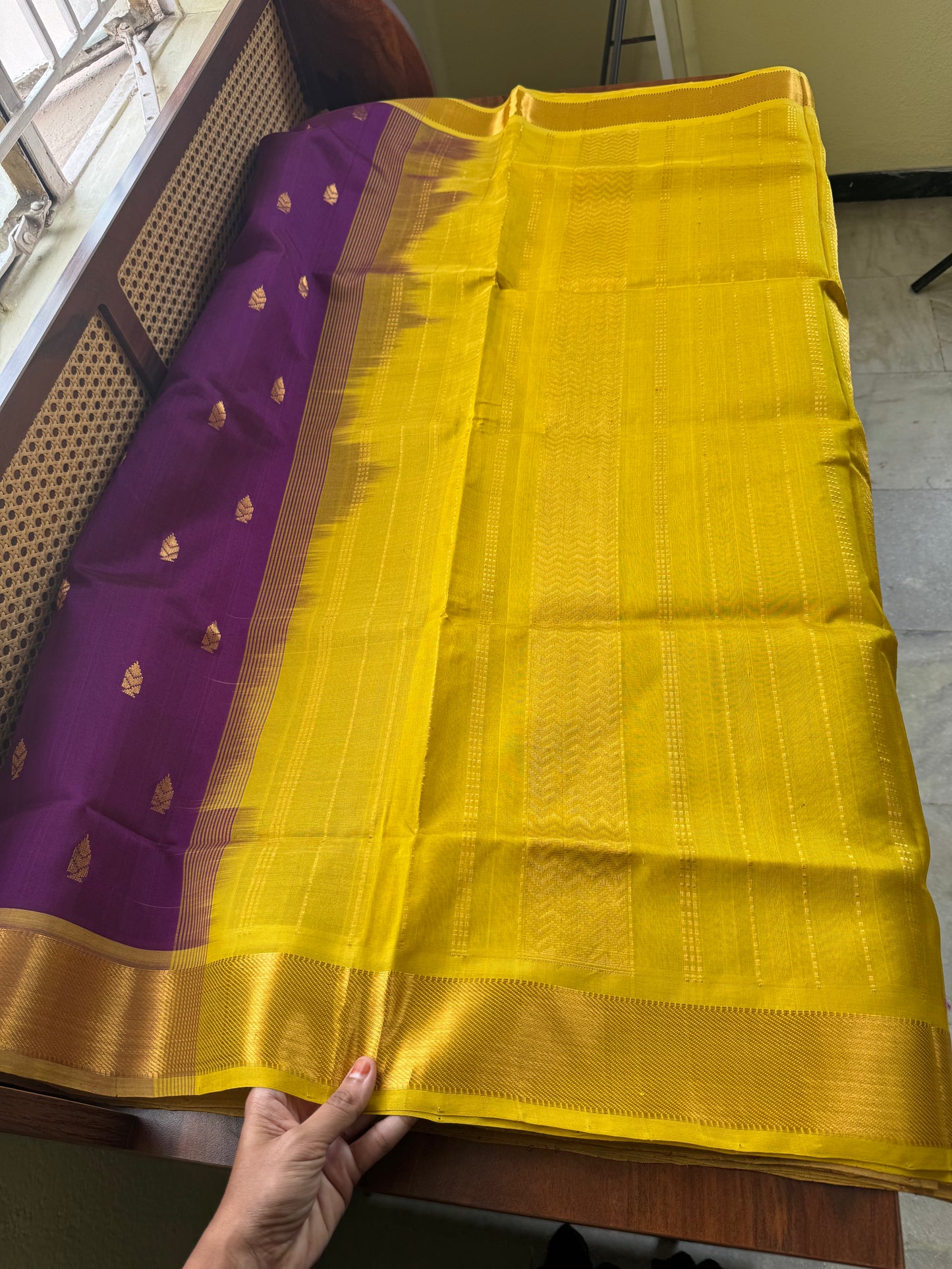 Handloom Pure Silk Cotton Saree - Purple & Yellow