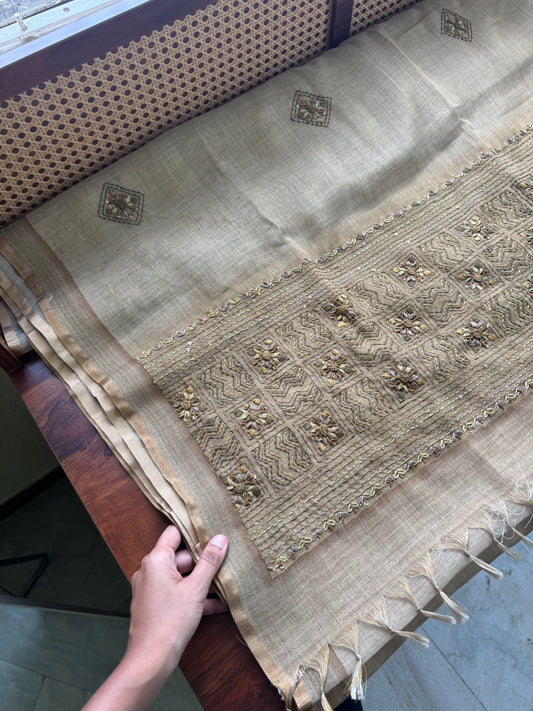 Premium Tissue Linen Sarees with heavy blouse - Henna Green
