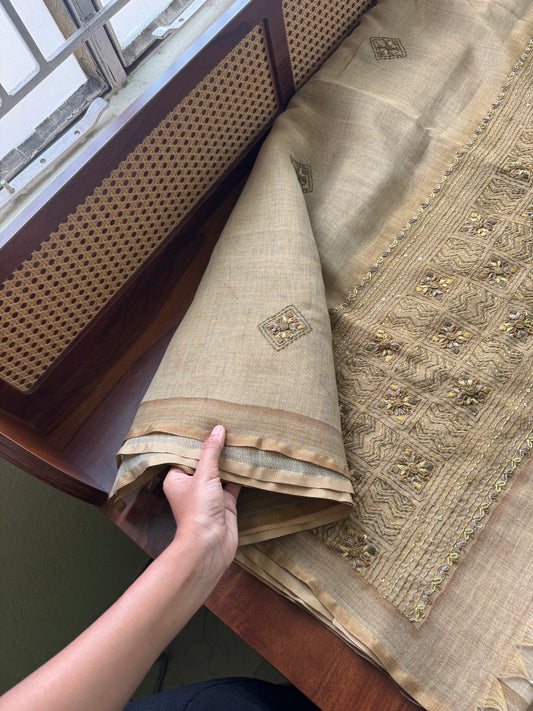 Premium Tissue Linen Sarees with heavy blouse - Henna Green