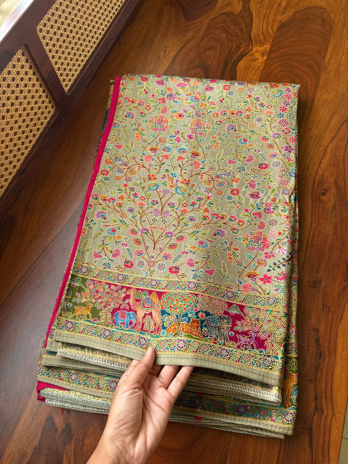 Luxe Pashmina Style Semi Silk Saree - Sage Green & Pink