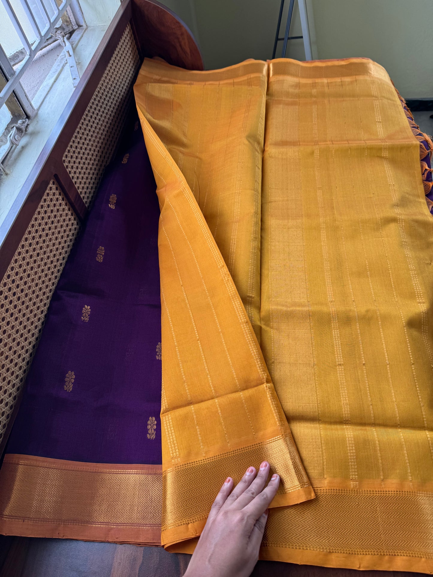 Handloom Pure Silk Cotton Saree - Violet & Yellow