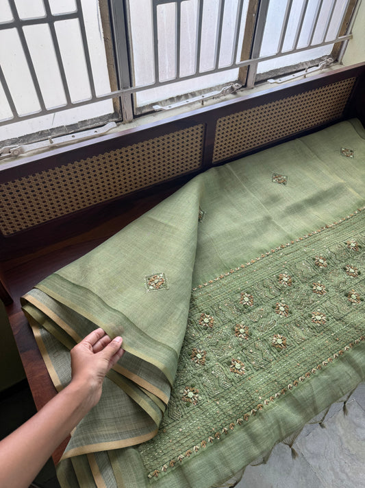 Premium Tissue Linen Sarees with heavy blouse - Green