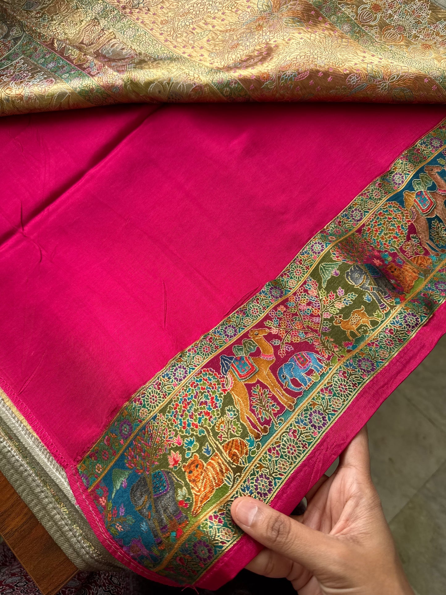 Luxe Pashmina Style Semi Silk Saree - Sage Green & Pink