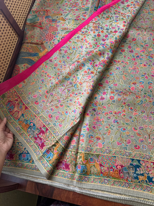 Luxe Pashmina Style Semi Silk Saree - Sage Green & Pink