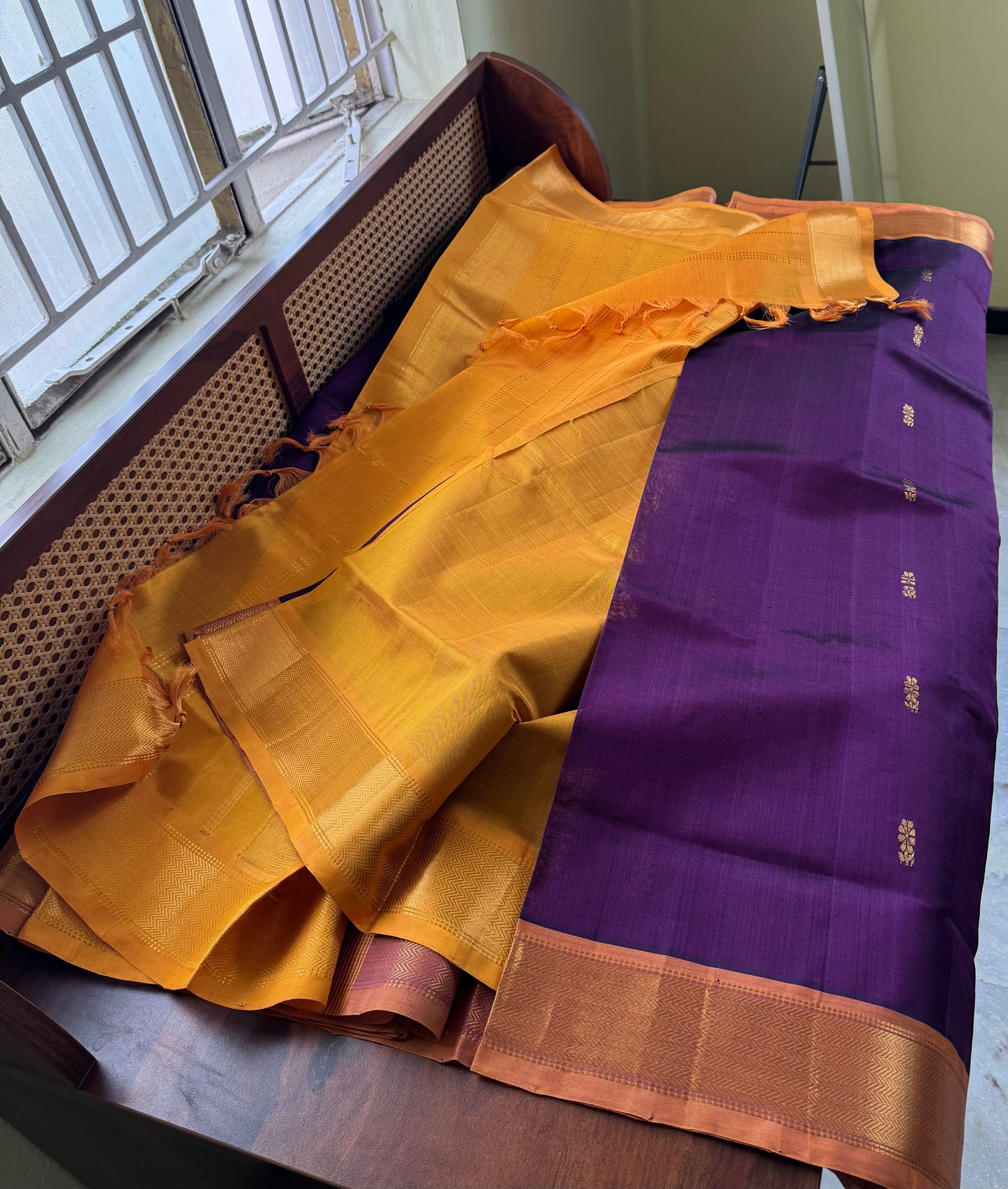 Handloom Pure Silk Cotton Saree - Violet & Yellow