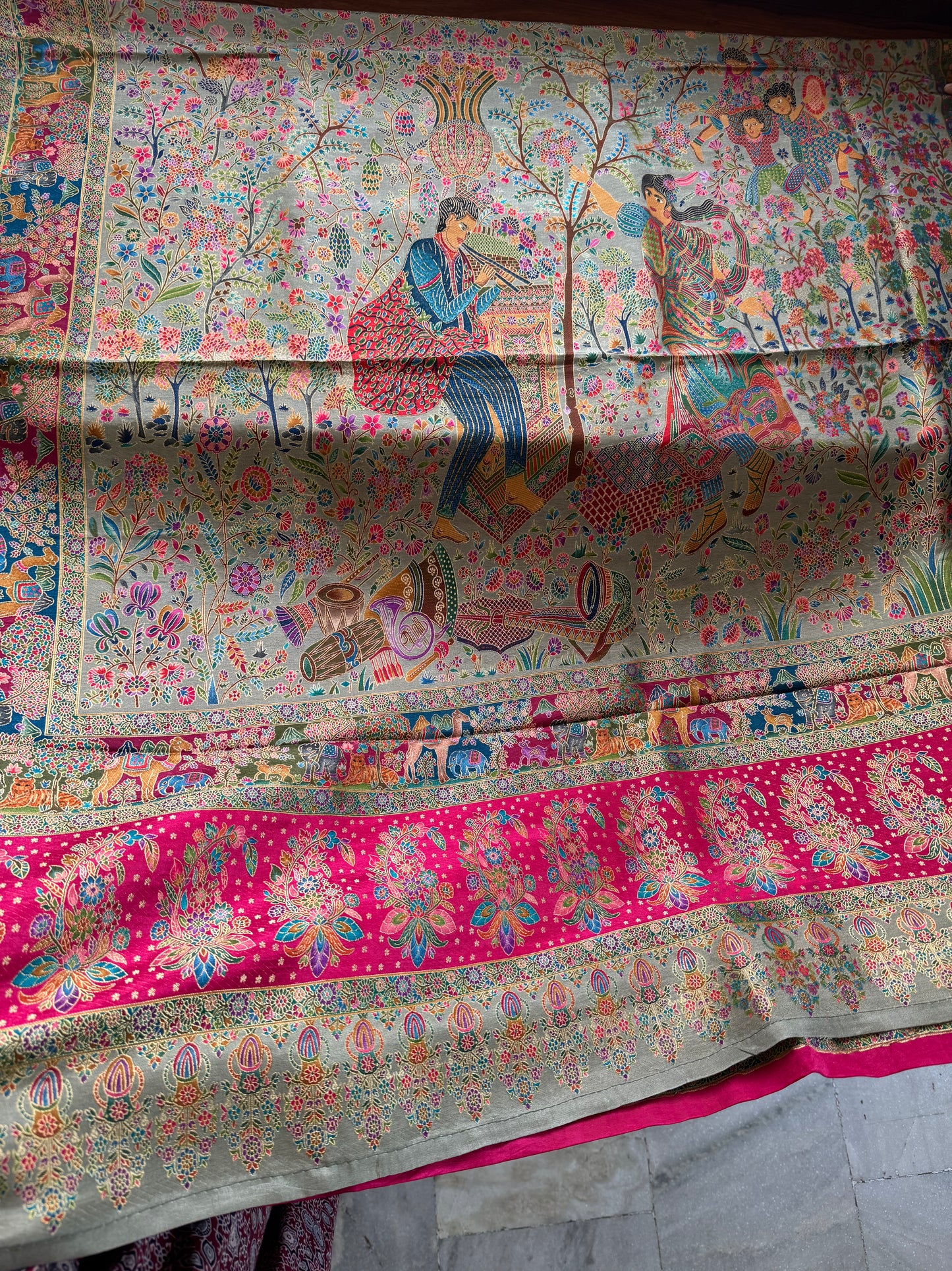 Luxe Pashmina Style Semi Silk Saree - Sage Green & Pink