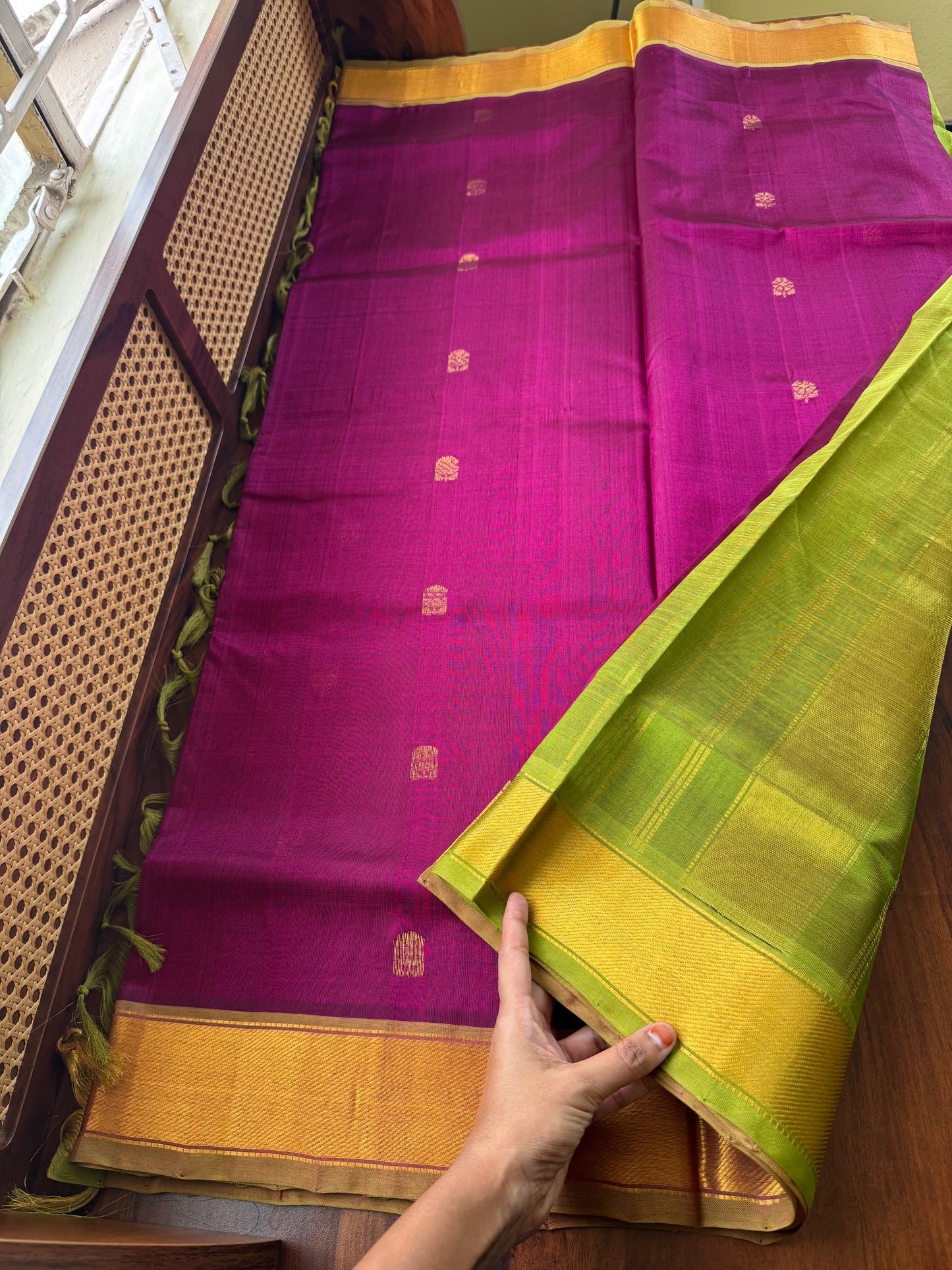 Handloom Pure Silk Cotton Saree - Purple & Green