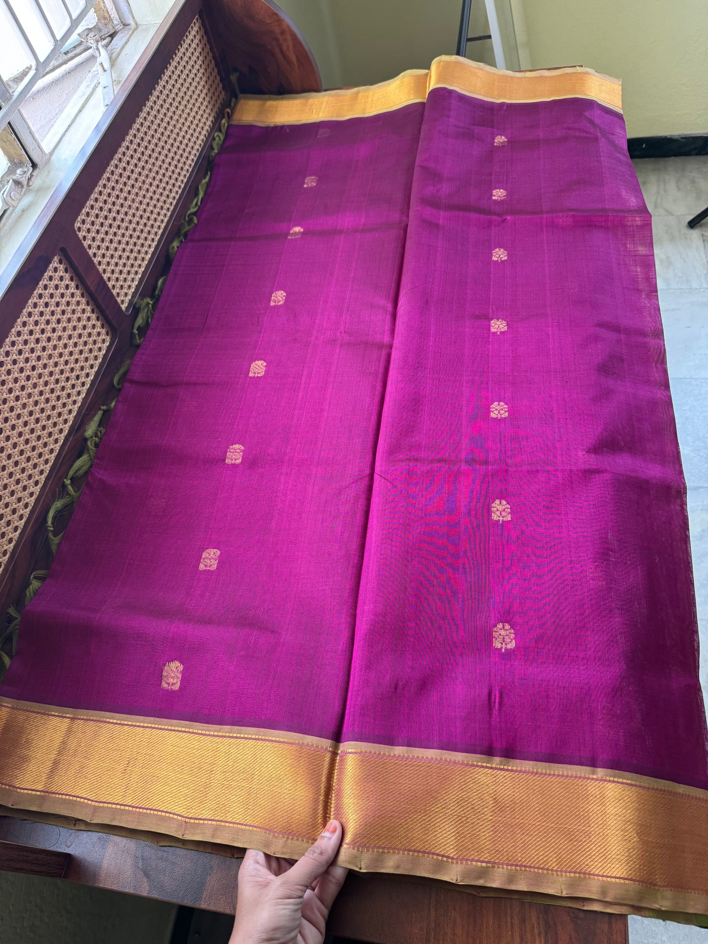 Handloom Pure Silk Cotton Saree - Purple & Green