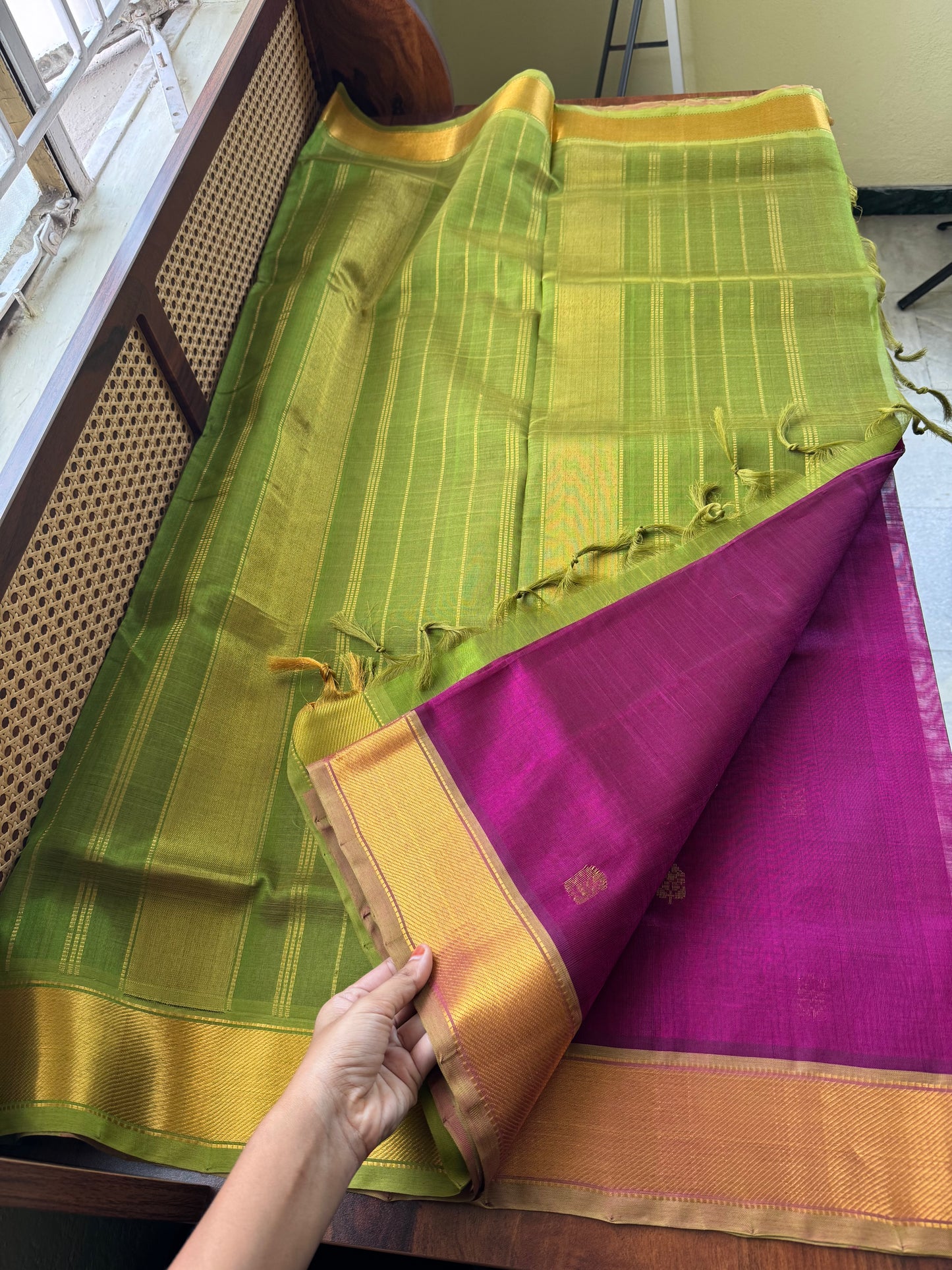 Handloom Pure Silk Cotton Saree - Purple & Green