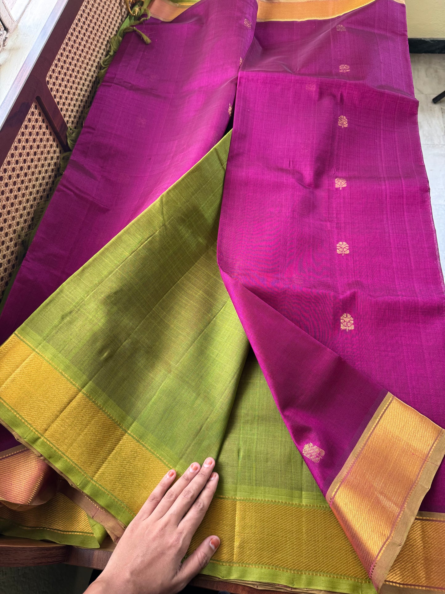 Handloom Pure Silk Cotton Saree - Purple & Green