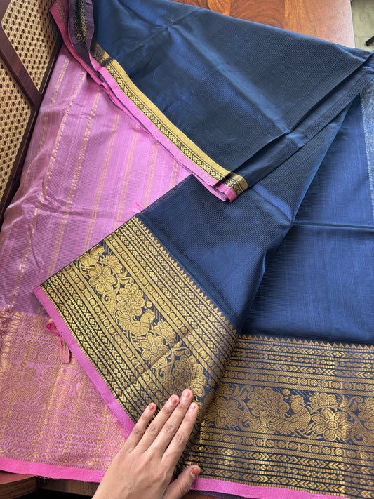 Mangalagiri Handloom Pure Silk Cotton Saree - Blue & Pink
