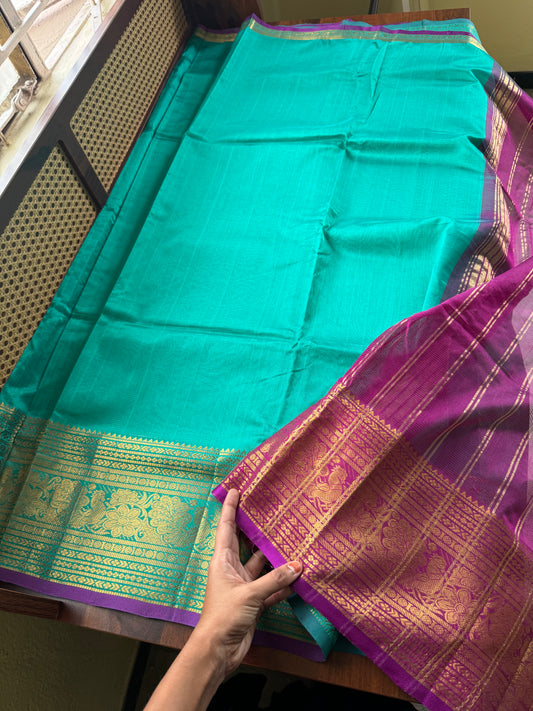 Mangalagiri Handloom Pure Silk Cotton Saree - Sea Green & Purple