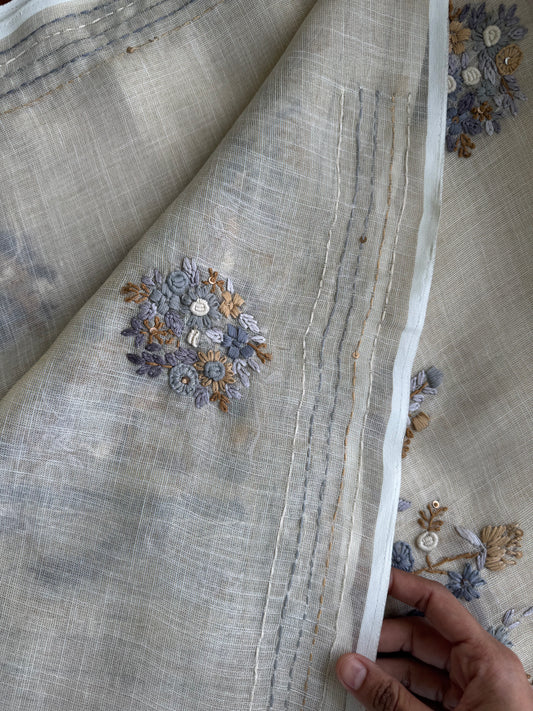 Premium Tissue Linen Sarees - Half White & Grey