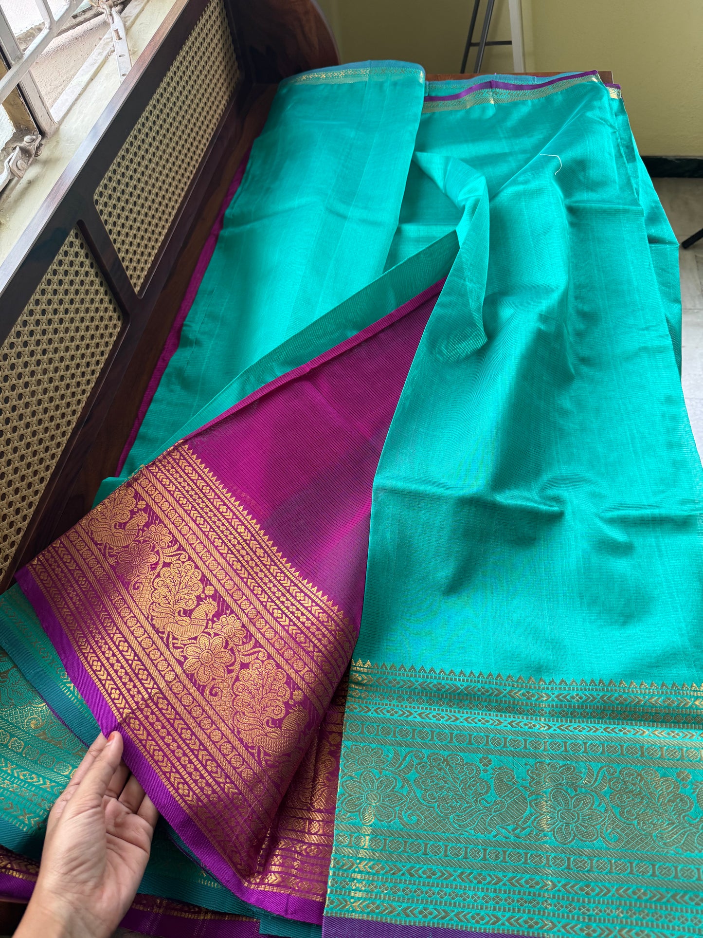 Mangalagiri Handloom Pure Silk Cotton Saree - Sea Green & Purple