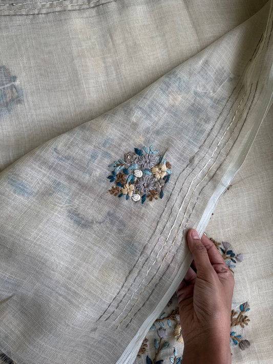 Premium Tissue Linen Sarees - Half White & Blue